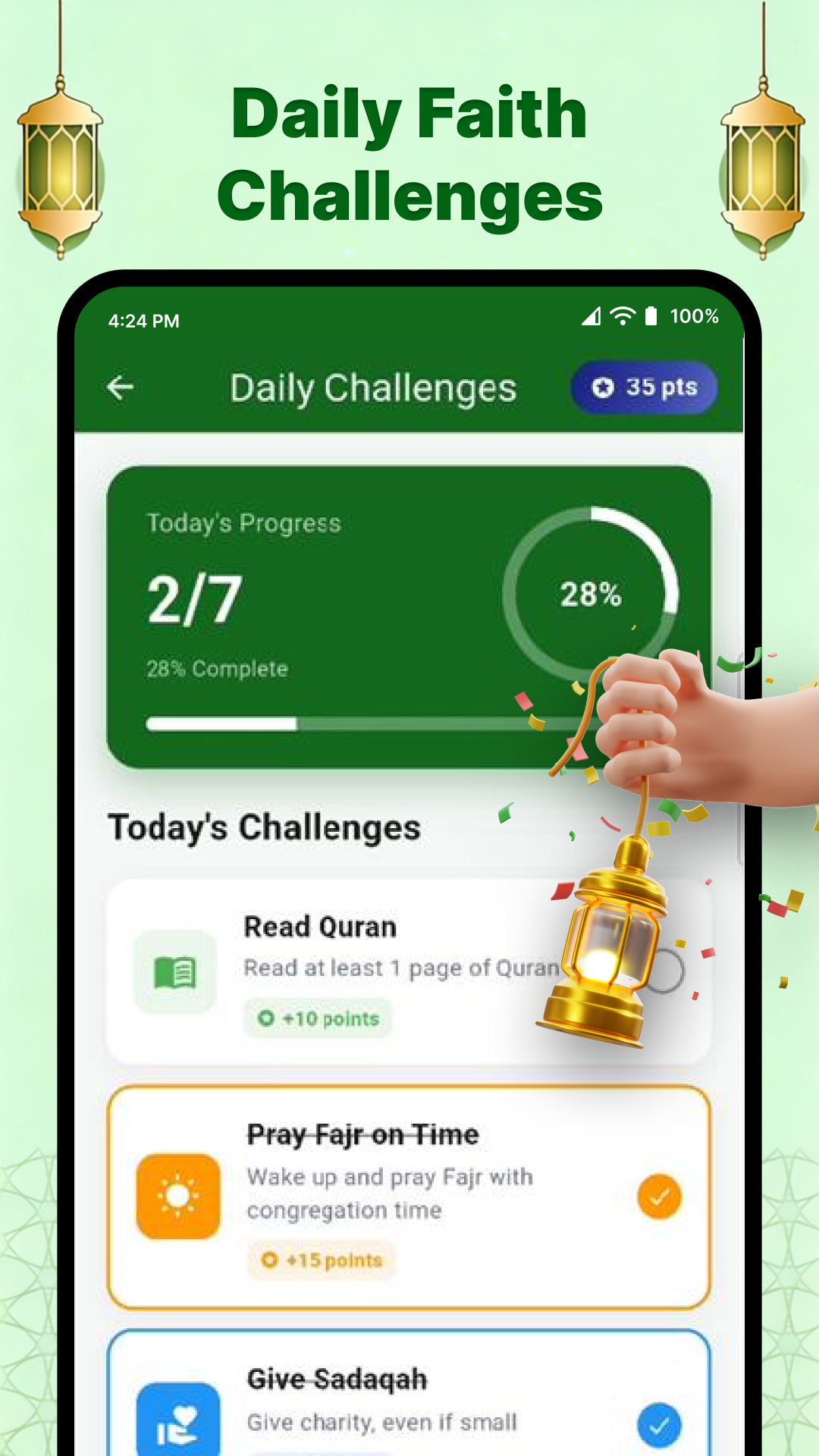 Daily Islamic content with Quranic verses, hadiths, and Ramadan reminders